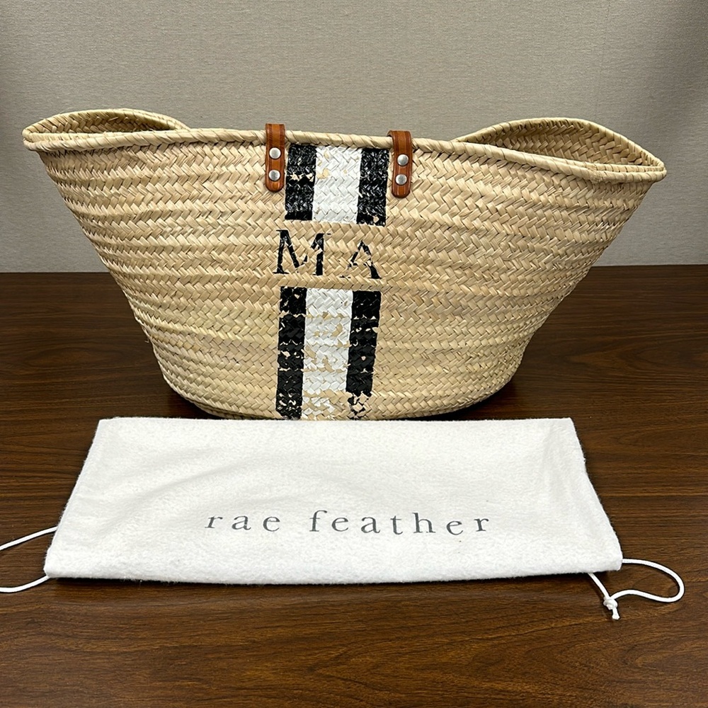 Rae Feather Custom Monogrammed “M.A.” Striped Handwoven Straw Tote